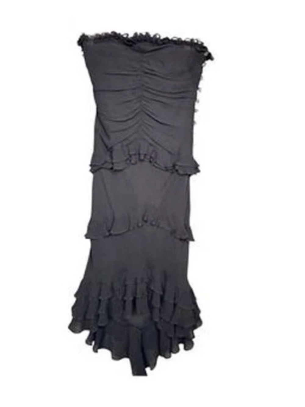 Cache Black Silk Strapless Ruched Ruffle Cocktail Dress Sz 4 Flare Hem Y2K